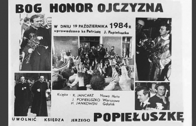 Transparenty wywieszane wokół żoliborskiego kościoła wzywały do opamiętania tych, którzy dopuścili się haniebnego uprowadzenia. Tymczasem ks. Jerzy najprawdopodobniej już nie żył. Wg jednej z wersji został zamordowany nie 19 a 25 października. fot. z książki 