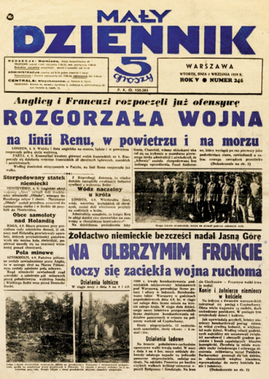 Pierwsza strona „Małego Dziennika” z 6 września 1939 r. Fot. Wikimedia