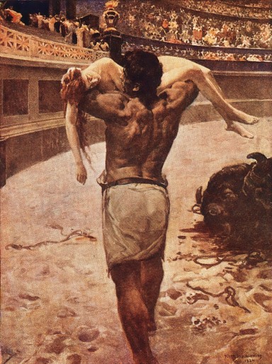 Ursus z Ligią uratowaną przed śmiercią na arenie &ndash; ilustracja Piotra Stachiewicza do &bdquo;Quo vadis?&rdquo;.