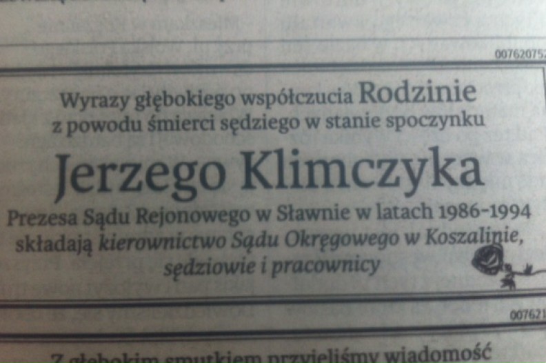 Nekrolog wykupiony przez Sąd Okręgowy w Koszalinie. Fot. Władysława Niemczyk/niezalezna.pl