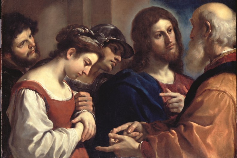 Utożsamiana z Marią Magdaleną młoda kobieta przyłapana na cudzołóstwie uzyskała przebaczenie Pana Jezusa. Obraz włoskiego artysty Giovanniego Francesco Barbieriego.  