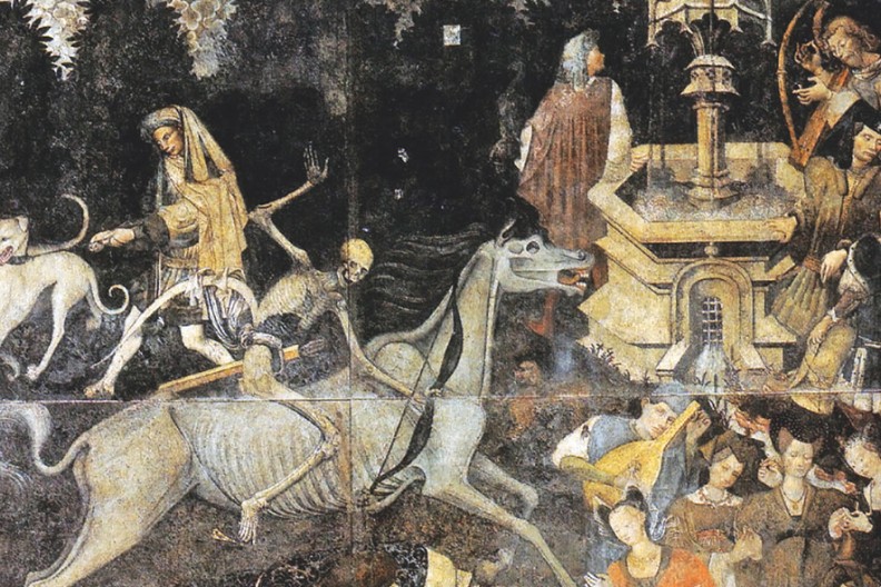 ogotycki fresk z Palermo przedstawiający śmierć-kostuchę pędzącą na koniu i zabijającą wszystkich, których spotyka na swojej drodze,  zarówno bogatych, jak i biednych.