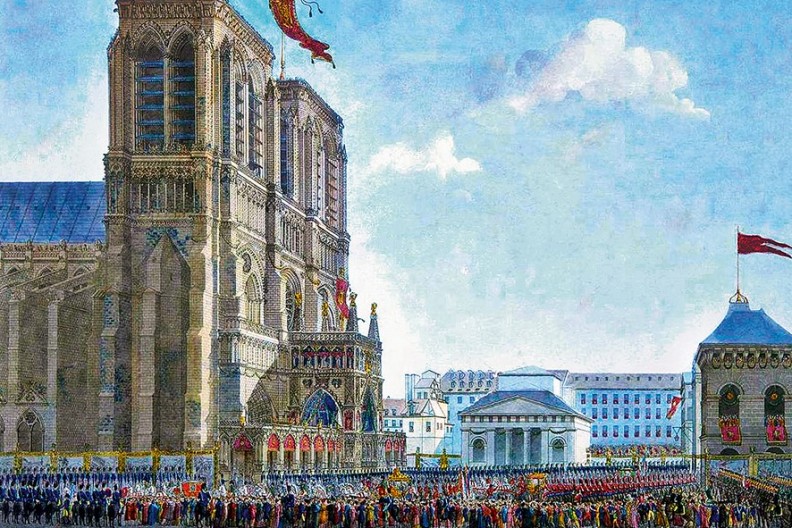 Uroczystość koronacji Napoleona na cesarza Francuzów (2 grudnia 1804 r.) przed katedrą Notre Dame, fot. z książki 