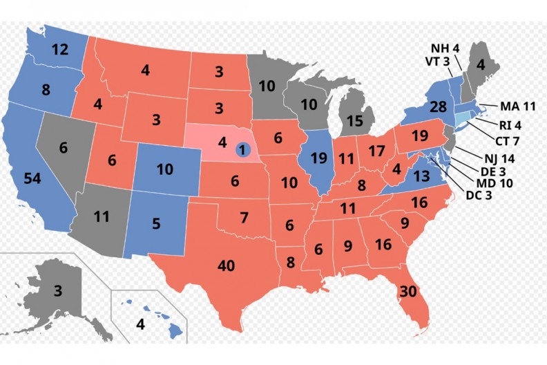 Mapa wyborcza USA. Kolor czerwony wskazuje na stany, w których przewiduje się zwycięstwo Donalda Trumpa, niebieski - Kamali Harris. Stany oznaczone kolorem szarym wahają się. Liczby oznaczają ilość głosów elektorskich, jakie ma dany stan. fot. autorstwa Chessrat - File:Electoral College 2020.svg, CC0, https://commons.wikimedia.org/w/index.php?curid=104428453