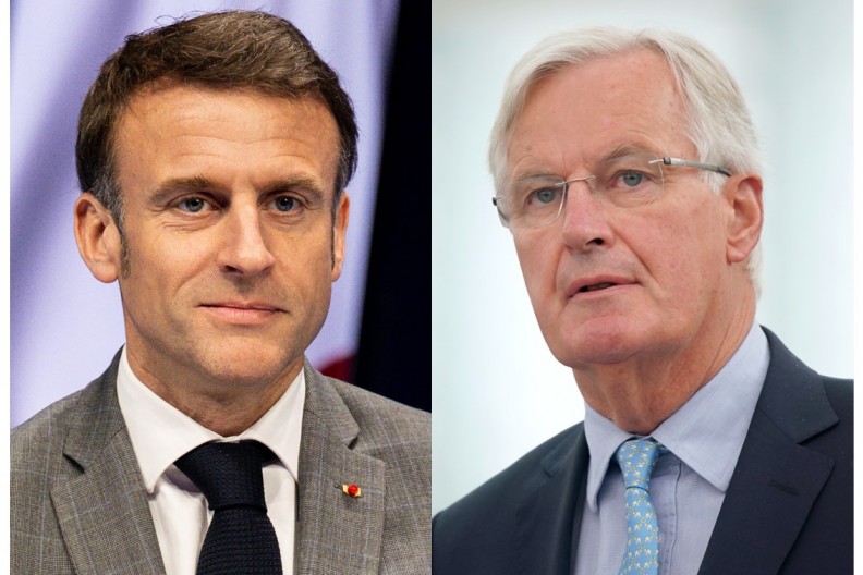 Emmanuel Macron (2024) i Michel Barnier. fot. Belgian Presidency of the Council of the EU 2024 from Belgium — EU2024BE_240321_Nuclear Energy Summit_Brussels Expo_JNZT_0366, CC BY 2.0, https://commons.wikimedia.org/w/index.php?curid=149219739 oraz European Parliament from EU - Brexit debate - Michel Barnier, EU Brexit negotiator, CC BY 2.0, https://commons.wikimedia.org/w/index.php?curid=112234754