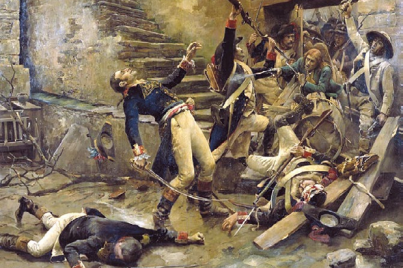 Republikański generał Michel de Beaupuy pada ranny w bitwie pod Entrammes (26 października 1793 r.), podczas kt&oacute;rej młodziutki dow&oacute;dca wandejski Henri de la Rochejaquelein poprowadził swoją armię do zwycięstwa. Obraz Alexandra Blocha. Fot. Wikimedia