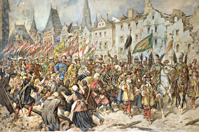 &bdquo;B&oacute;g i Pan nasz na wieki błogosławiony dał zwycięstwo i sławę narodowi naszemu, o jakiej wieki przeszłe nigdy nie słyszały&rdquo;; kr&oacute;l Jan III Sobieski, pogromca Turk&oacute;w, odbywa triumfalny wjazd do Wiednia. Akwarela Juliusza Kossaka. Fot. MNW