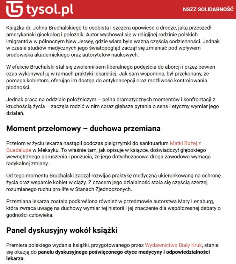 &bdquo;Moje nawr&oacute;cenie z aborcji na medycynę chroniącą życie&rdquo; &ndash; na portalu Tysol.pl