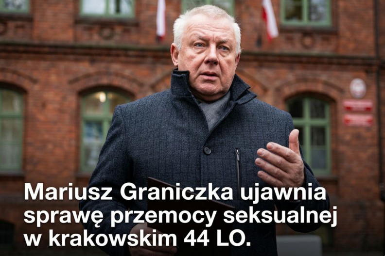 Mariusz Graniczka ujawnia skandaliczny przypadek przemocy seksualnej wobec nastoletniej uczennicy w krakowskim 44 LO. Fot. Biały Kruk