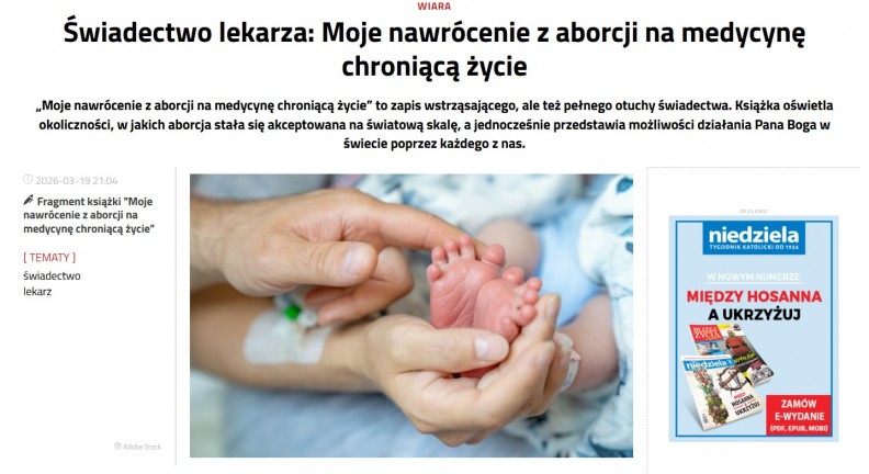 &bdquo;Moje nawr&oacute;cenie z aborcji na medycynę chroniącą życie&rdquo; &ndash; na portalu Niedziela.pl