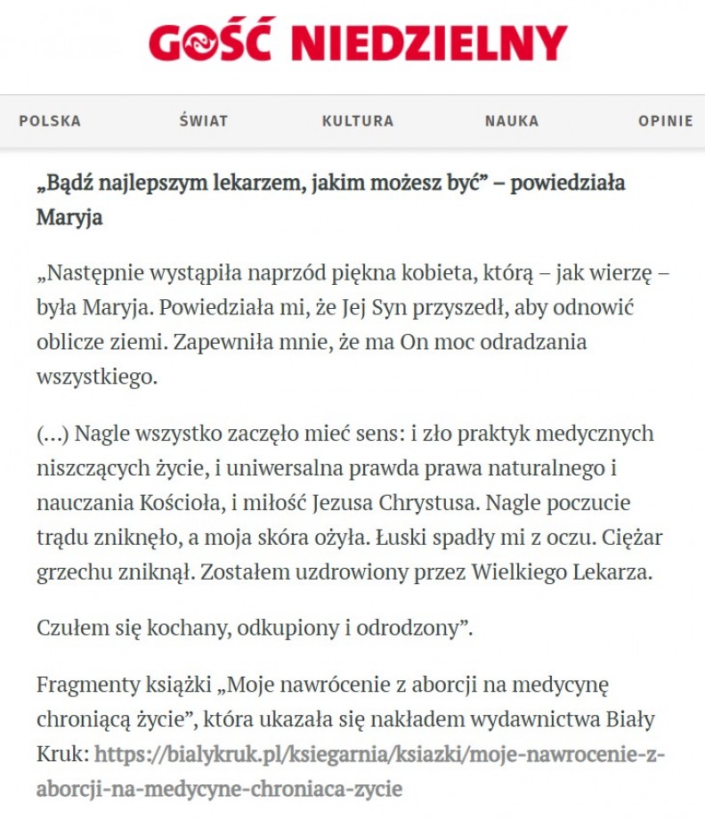 &bdquo;Moje nawr&oacute;cenie z aborcji na medycynę chroniącą życie&rdquo; &ndash; na portalu Gosc.pl (Gość Niedzielny) 