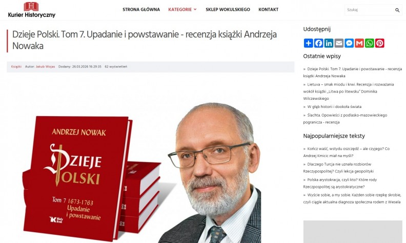 &bdquo;Dzieje Polski. Tom 7&rdquo; &ndash; recenzja Jakuba Wojasa na portalu Kurierhistoryczny.pl 