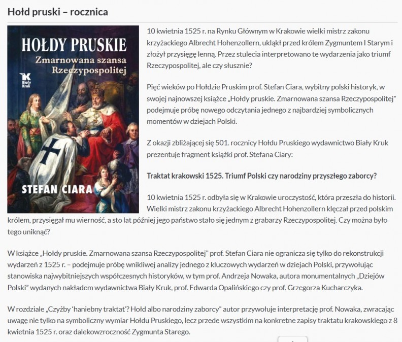 &bdquo;Hołdy pruskie. Zmarnowana szansa Rzeczypospolitej&rdquo; &ndash; na portalu Rynek-ksiazki.pl 