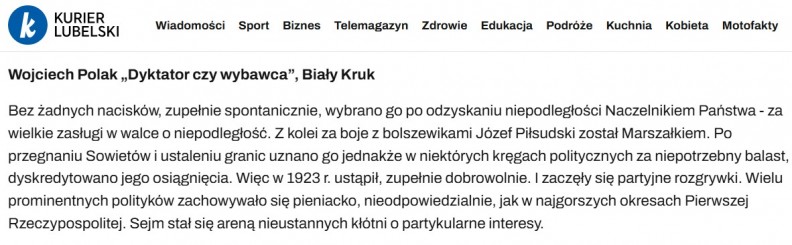 &bdquo;Hołdy pruskie. Zmarnowana szansa Rzeczypospolitej&rdquo; i &bdquo;Dyktator czy wybawca. Przyczyny i kulisy przewrotu majowego 1926&rdquo; &ndash; w serwisie Kurierlubelski.pl 
