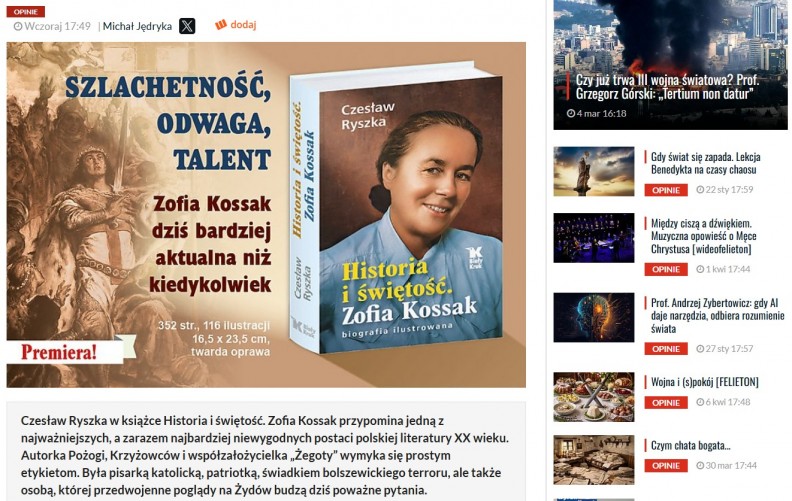 &bdquo;Historia i świętość. Zofia Kossak biografia ilustrowana&rdquo; &ndash; recenzja Michała Jędryki w Tygodniku Bydgoskim 