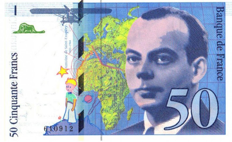 Wizerunek Antoine'a de Saint-Exupery'ego na banknocie 50-frankowym. Fot. Wikimedia Commons